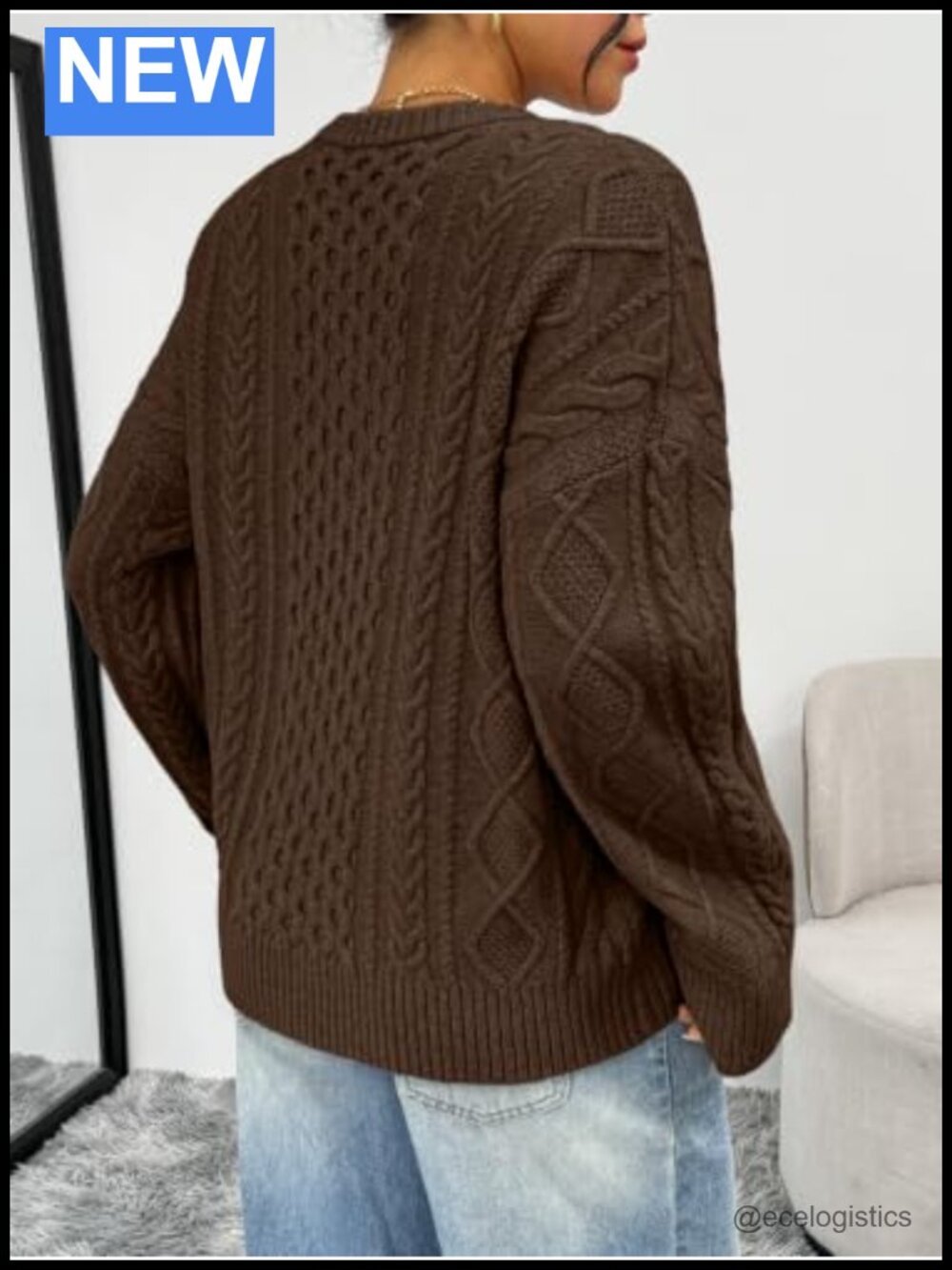 Oversized Cable Knit Sweater Women Crewneck Pullover Fall Fashion - Picture 3 of 5